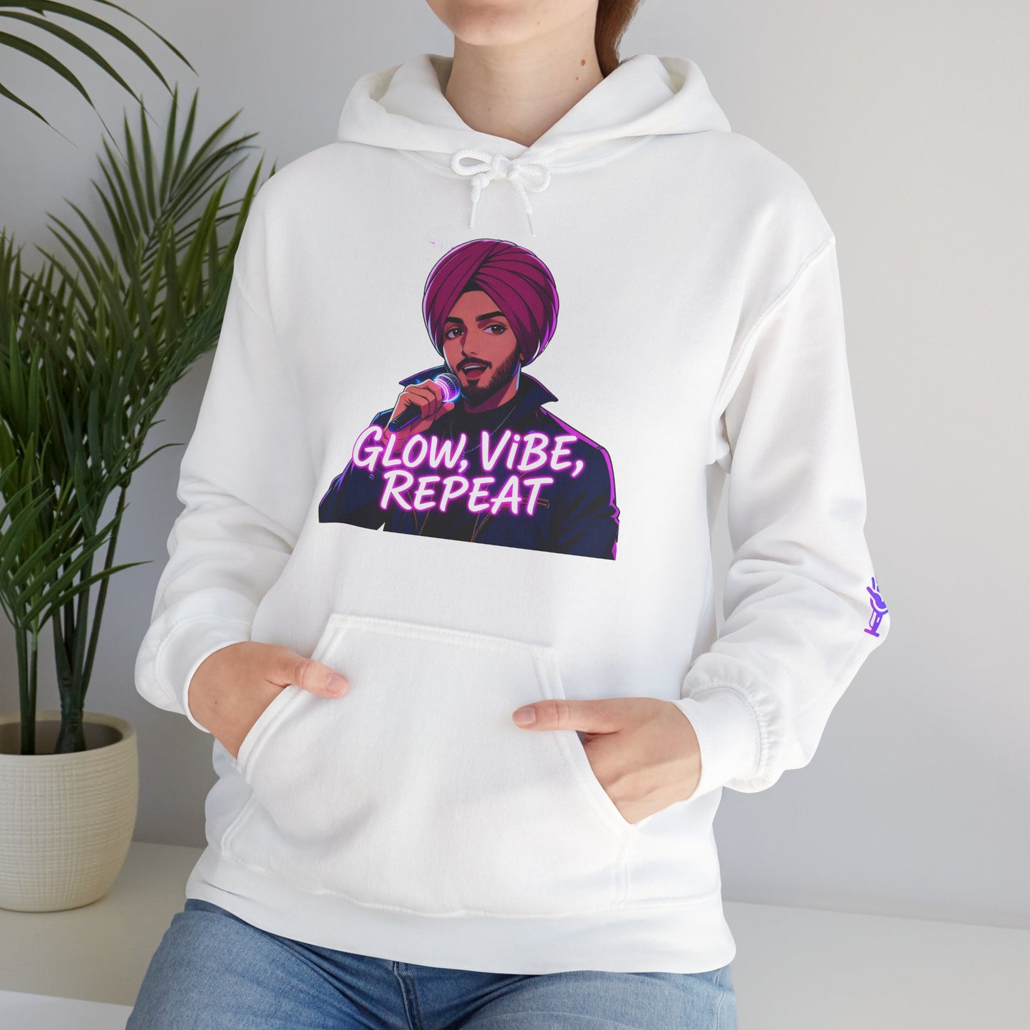 Glow Vibe Repeat Hoodie, Trendy Unisex Sweatshirt, Casual Streetwear, Gift for Music Lovers, Fun Fashion for All Occasions