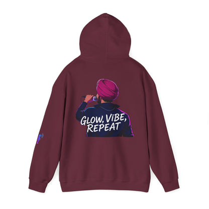 Glow Vibe Repeat Hoodie, Trendy Unisex Sweatshirt, Casual Streetwear, Gift for Music Lovers, Fun Fashion for All Occasions