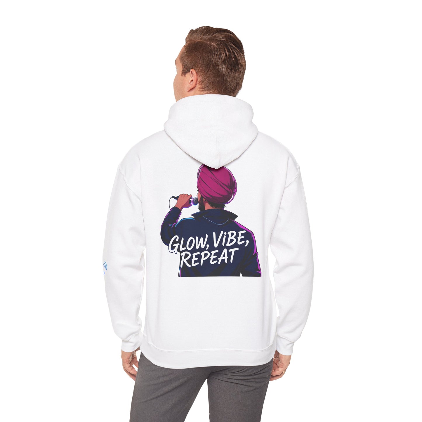 Glow Vibe Repeat Hoodie, Trendy Unisex Sweatshirt, Casual Streetwear, Gift for Music Lovers, Fun Fashion for All Occasions