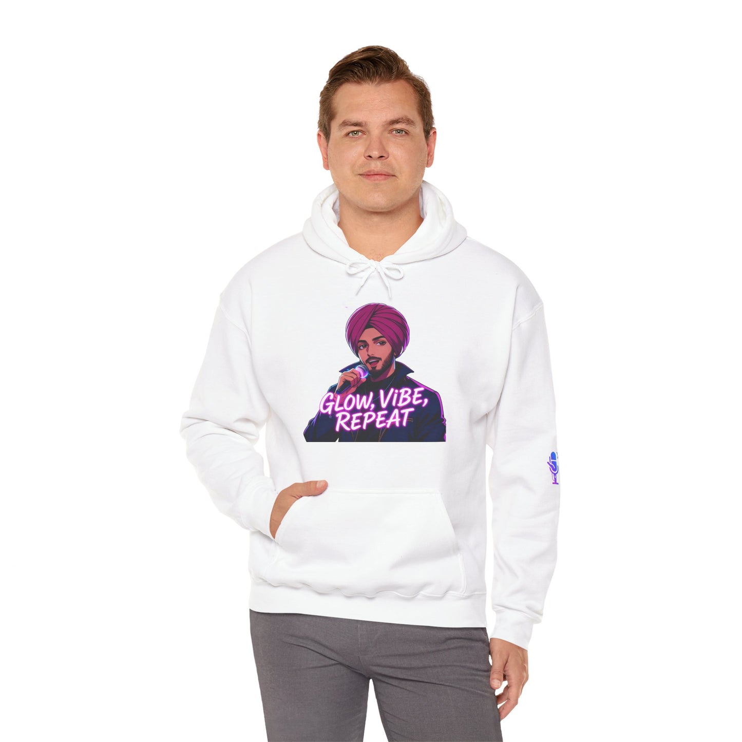 Glow Vibe Repeat Hoodie, Trendy Unisex Sweatshirt, Casual Streetwear, Gift for Music Lovers, Fun Fashion for All Occasions